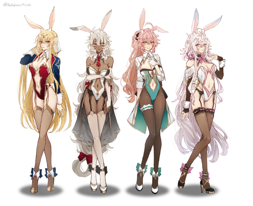 4girls, ahoge, animal_ears, anklet, artist_name, bare_shoulders, blonde_hair, bow, bowtie, bridal_gauntlets, commentary_request, dark-skinned_female, dark_skin, detached_collar, detached_sleeves, fake_animal_ears, fate/grand_order, fate_(series), full_body, genderswap, genderswap_(mtf), gilgamesh-ko, gilgamesh_(fate), gloves, green_eyes, grey_hair, hair_between_eyes, high_heels, highres, jewelry, leotard, long_hair, long_sleeves, looking_at_viewer, merlin_(fate/prototype), multiple_girls, navel, necktie, nekohanemocha, pantyhose, pink_hair, playboy_bunny, ponytail, purple_eyes, rabbit_ears, rabbit_girl, rabbit_tail, red_eyes, romani_archaman, see-through_clothes, shadow, shrug_(clothing), simple_background, solomon_(fate), standing, strapless, strapless_leotard, tail, thigh_strap, thighhighs, twitter_username, very_long_hair, watermark, white_background, white_hair, yellow_eyes