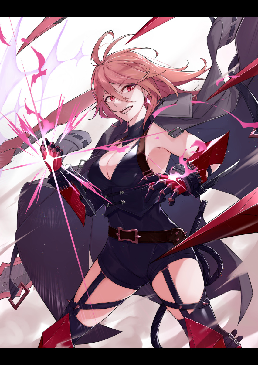 1girl, :d, absurdres, ahoge, alchemy_stars, armpits, belt, black_socks