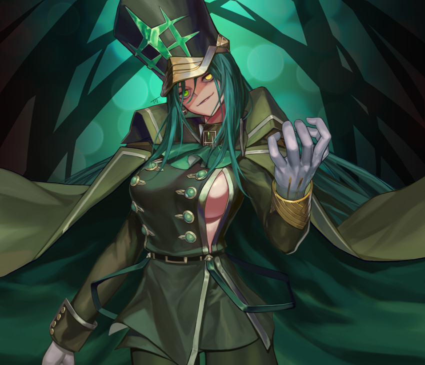 1girl, absurdres, alchemy_stars, ascot, black_headwear, breasts, closed_mouth, cowboy_shot, gloves, green_ascot, green_eyes, green_hair, head_tilt, heterochromia, highres, jacket, jacket_on_shoulders, large_breasts, long_hair, long_sleeves, looking_at_viewer, migard_(alchemy_stars), military, military_uniform, sideboob, smile, solo, ti_tentacle, very_long_hair, white_gloves, yellow_eyes