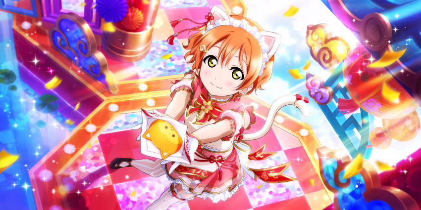 1girl, absurdres, alternate_hairstyle, animal_ears, apron, artist_name, artist_request, back_bow, bare_shoulders, black_shoes, blush, bow, bow_legwear, breasts, cat_ears, cat_tail, china_dress, chinese-styled_cat_maid_(love_live!), chinese-styled_maid's_passionate_welcome_(love_live!), chinese_clothes, clothing_cutout, collarbone, corset, curly_hair, dress, earrings, fake_animal_ears, female_focus, floral_print, flower, flower_earrings, flower_print, food, frilled_legwear, frilled_shirt_collar, frilled_skirt, frills, garter_belt, gloves, green_eyes, hair_between_eyes, hair_ornament, hair_ribbon, hairclip, highres, holding, hoshizora_rin, jewelry, long_sleeves, looking_at_viewer, love_live!, love_live!_school_idol_festival, love_live!_school_idol_festival_all_stars, love_live!_school_idol_project, maid, maid_apron, maid_headdress, miniskirt, orange_hair, outdoors, parted_lips, pink_corset, pink_flower, pink_legwear, pink_skirt, pink_wrist_cuffs, plaid_clothes, plaid_dress, plaid_skirt, pleated, pleated_dress, pleated_skirt, puffy_short_sleeves, puffy_sleeves, red_ribbon, ribbon, shoes, short_hair, short_sleeves, shoulder_cutout, skirt, small_breasts, smile, solo, sparkle, standing, striped_legwear, sunlight, tail, tail_bow, tail_ornament, vertical-striped_legwear, white_apron, white_bow, white_dress, white_gloves, wrist_cuffs, yellow_eyes
