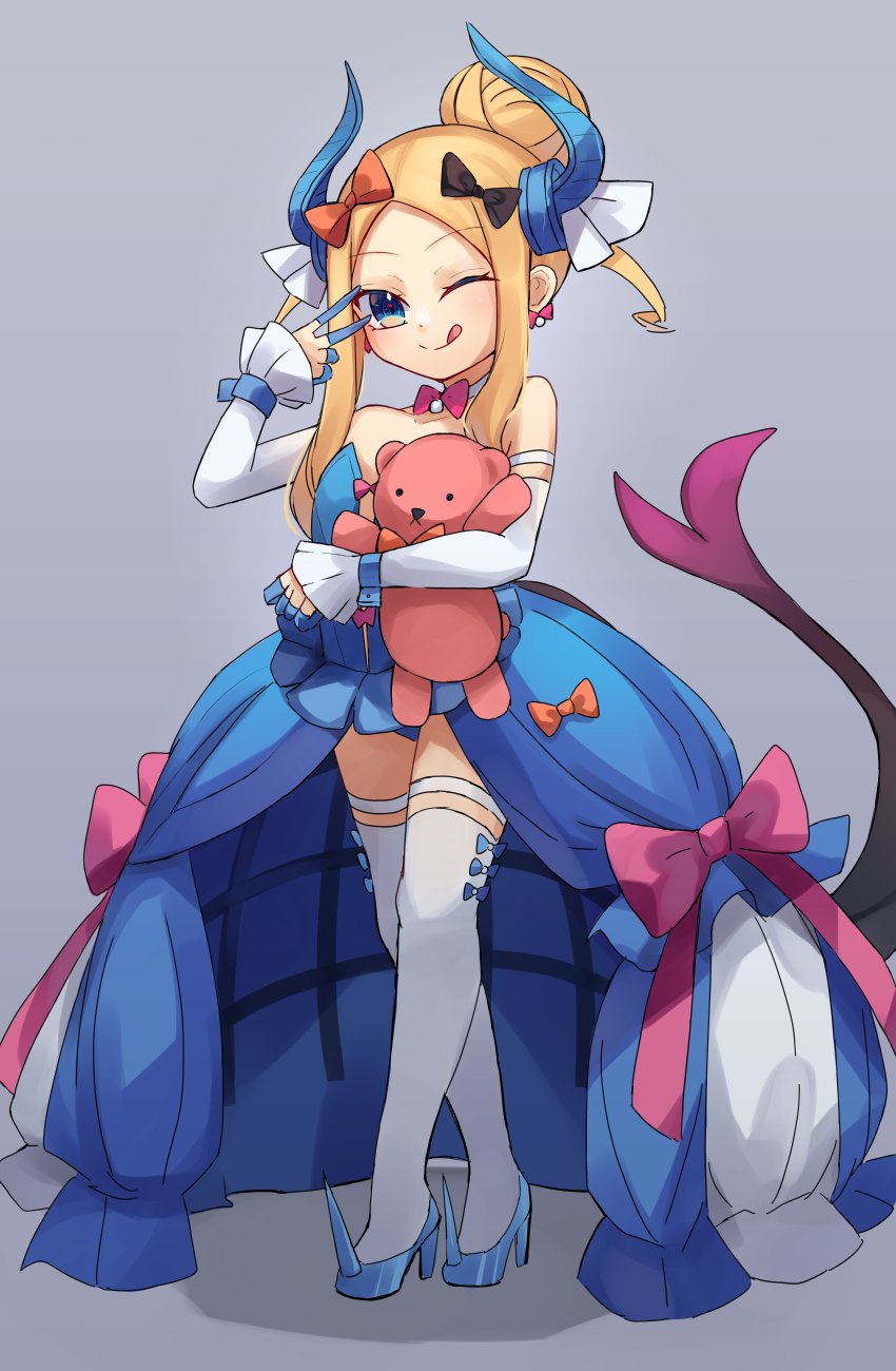1girl, abigail_williams_(fate), blonde_hair, blue_dress, blue_eyes, breasts, cosplay, dress, elizabeth_bathory_(cinderella)_(fate), elizabeth_bathory_(cinderella)_(fate)_(cosplay), elizabeth_bathory_(fate), elizabeth_bathory_(fate)_(cosplay), fate/grand_order, fate_(series), forehead, full_body, hair_bun, highres, long_hair, looking_at_viewer, miya_(miyaruta), parted_bangs, sidelocks, single_hair_bun, small_breasts, smile, solo, stuffed_animal, stuffed_toy, tail, teddy_bear, thighhighs, v, v_over_eye