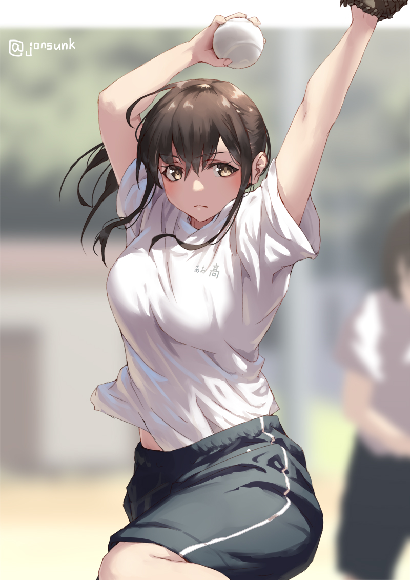 1girl, arms_up, aya_(jonsun), ball, baseball_glove, black_hair, black_shorts, blurry