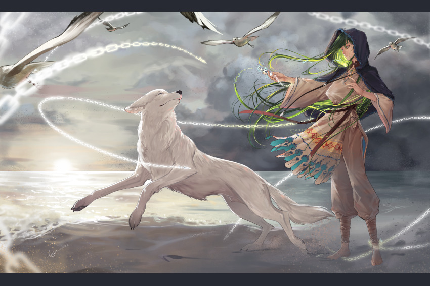 1boy, absurdres, animal, beads, enkidu_(fate), enkidu_(under_night_in-birth), fate/extra, fate/extra_ccc, fate/grand_order, fate/stay_night, fate/strange_fake, fate_(series), hair_beads, hair_ornament, highres, inga2ooo, long_hair, male_focus, takeuchi_shunsuke, under_night_in-birth, very_long_hair, wolf