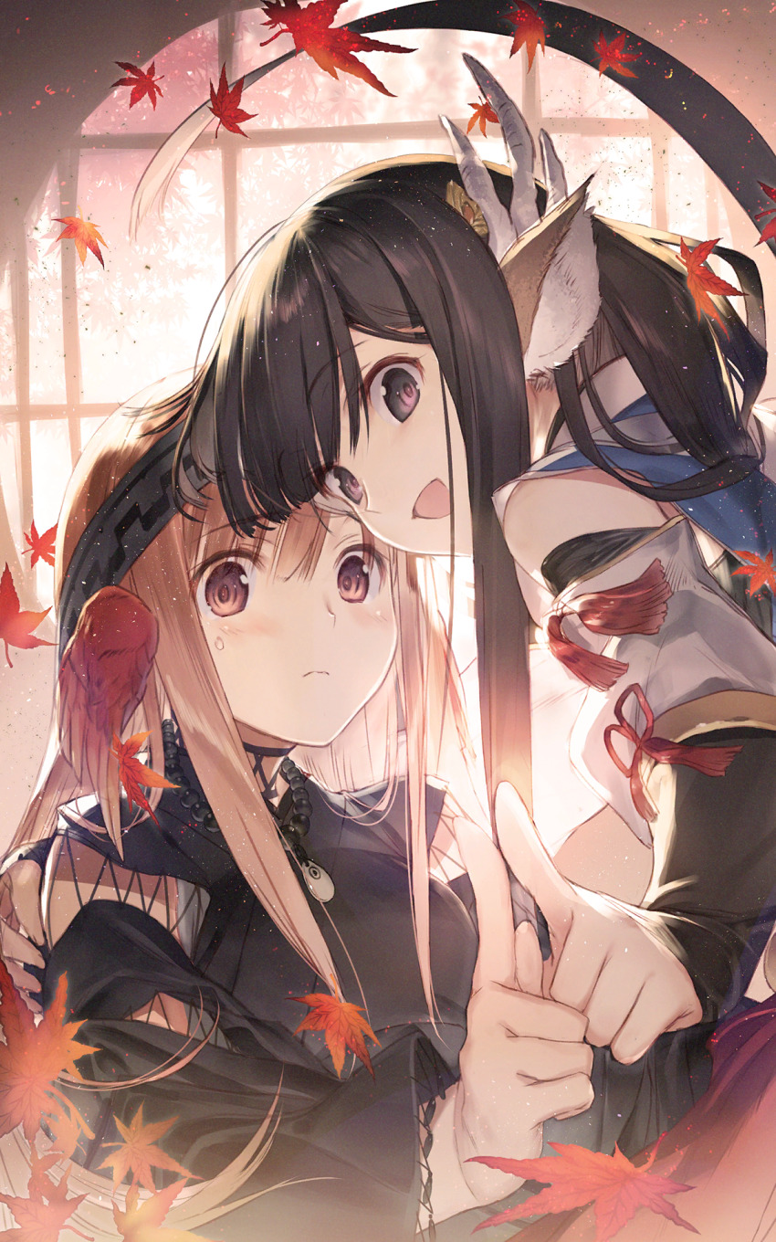 2girls, ainu_clothes, animal_ears, aquaplus, autumn_leaves, black_dress, black_hair, blonde_hair