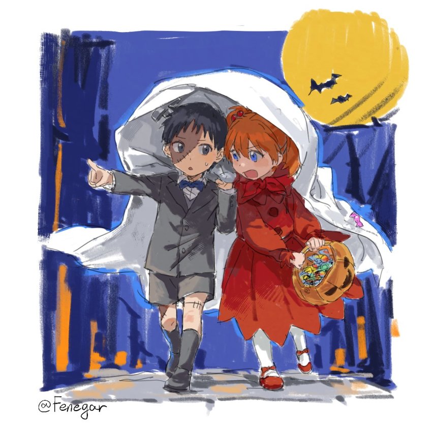1boy, 1girl, aged_down, blue_eyes, brown_hair, dress, fenegar, ghost_costume, hair_ornament, halloween, halloween_costume, highres, ikari_shinji, long_hair, looking_at_another, mecha_pilot_suit, neon_genesis_evangelion, night, open_mouth, plugsuit_(evangelion), pumpkin, road, short_hair, sky, souryuu_asuka_langley, street, twintails, walking
