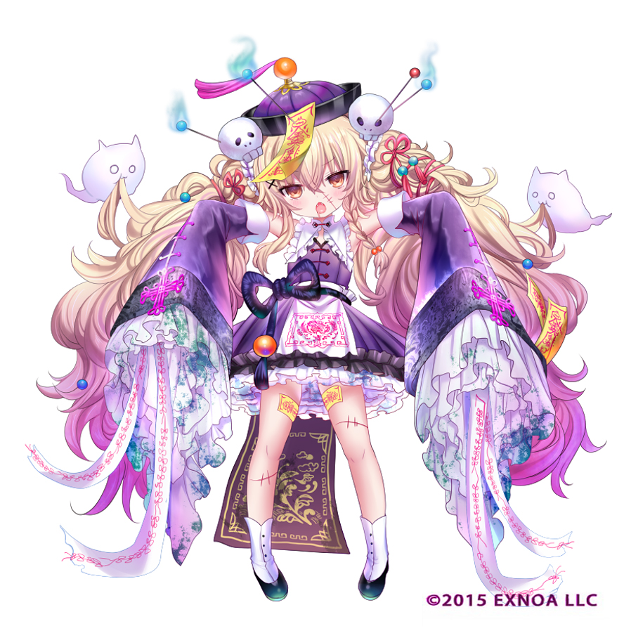 1girl, bare_shoulders, black_shoes, blonde_hair, brown_eyes, commentary_request, copyright_notice, detached_sleeves