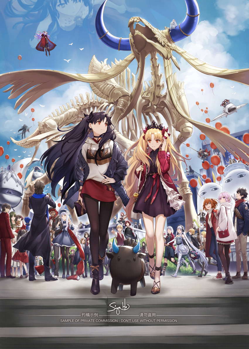 6+boys, 6+girls, absurdres, aged_down, alcides_(fate), alexandre_dumas_(fate), amakusa_shirou_(fate), amakusa_shirou_(phantom_thief)_(fate), angra_mainyu_(fate), balloon, bazett_fraga_mcremitz, bel_maana_(fate), black_hair, blonde_hair, blue_sky, breasts, caren_hortensia, child_gilgamesh_(fate), contemporary, cu_chulainn_(fate), cu_chulainn_(lancer)_(fate), earrings, ereshkigal_(fate), fate/grand_order, fate/hollow_ataraxia, fate/stay_night, fate/strange_fake, fate/zero, fate_(series), fujimaru_ritsuka_(male), giant, giantess, gilgamesh_(fate), gilles_de_rais_(caster)_(fate), gilles_de_rais_(fate), gilles_de_rais_(saber)_(fate), grigori_rasputin_(fate), gugalanna_(fate), hair_ribbon, heracles_(fate), highres, hoop_earrings, ishtar_(fate), jewelry, kotomine_kirei, long_hair, looking_at_viewer, mahou_tsukai_no_yoru, matou_sakura, medium_breasts, multiple_boys, multiple_girls, multiple_persona, nitocris_(swimsuit_assassin)_(fate), nitocris_(swimsuit_assassin)_(first_ascension)_(fate), orlando_reeve, pantyhose, parted_bangs, pig, red_eyes, ribbon, sajou_ayaka_(fate/strange_fake), siduri_(fate), siya_ho, skeleton, sky, space_ishtar_(fate), space_ishtar_(third_ascension)_(fate), tiara, tohsaka_aoi, tohsaka_rin, tohsaka_rin_(fate/zero), tohsaka_sakura, tohsaka_tokiomi, two_side_up, very_long_hair