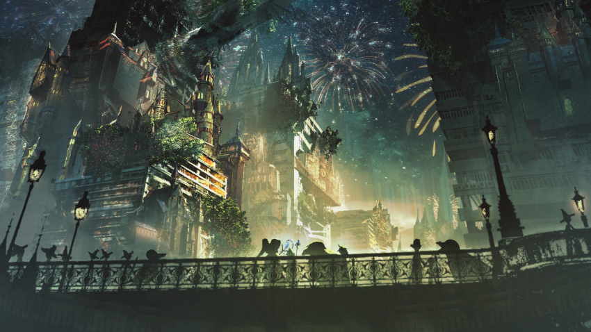 6+others, bridge, building, castle, creature, fantasy, fireworks, hat