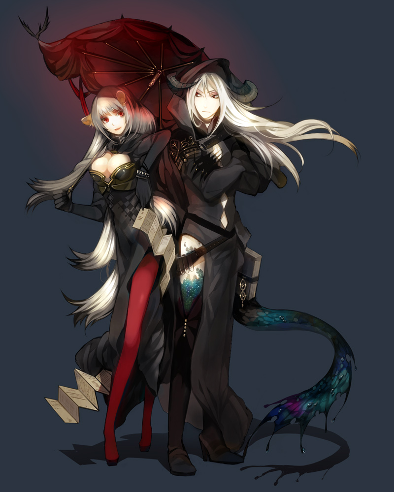 2girls, animal_ears, breasts, cleavage, crossed_arms, dress, horns, kyouka_hatori, large_breasts, long_hair, monster_girl, multiple_girls, original, pantyhose, red_pantyhose, tail, umbrella, white_hair