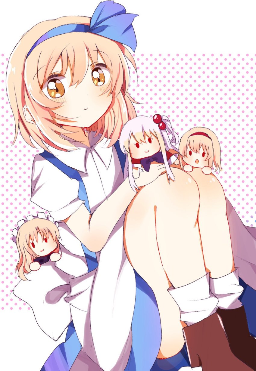 4girls, aged_down, alice_margatroid, alice_margatroid_(pc-98), back_bow, black_bow, black_neckwear, blonde_hair