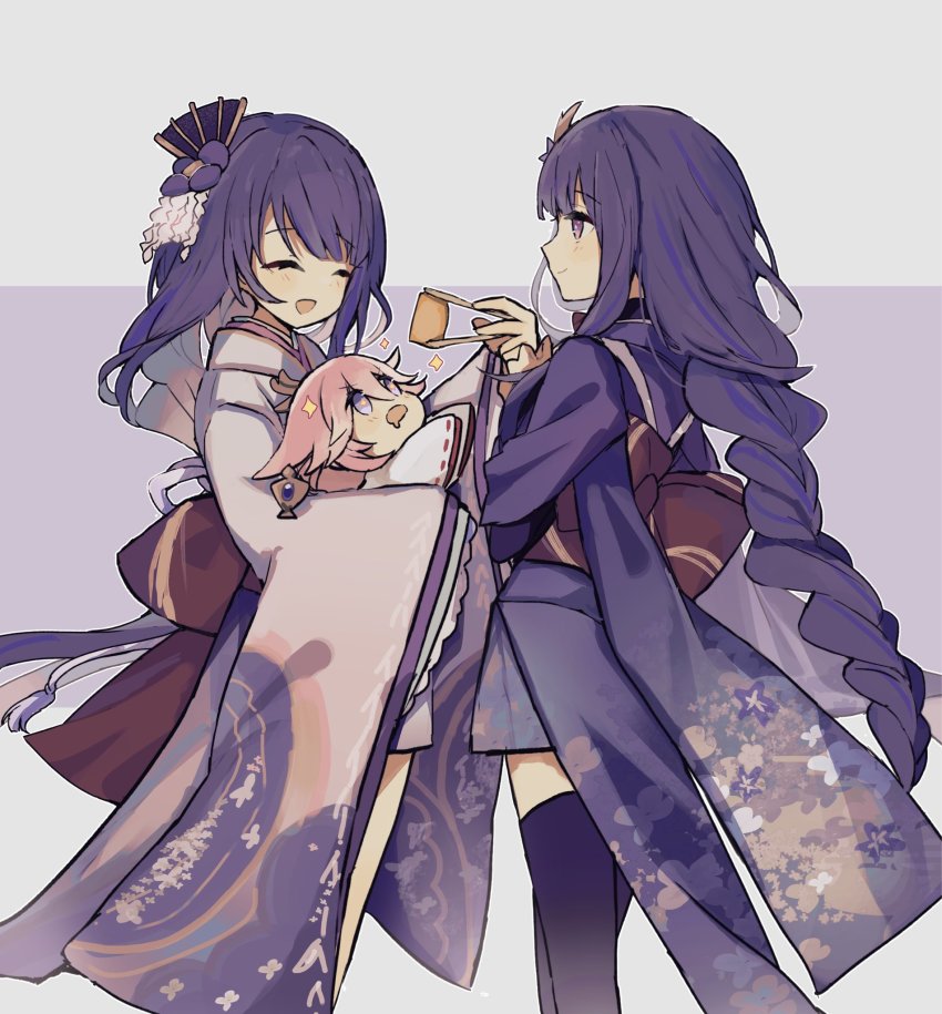 3girls, ^_^, animal_ears, blunt_bangs, bow, braid, chibi, chopsticks