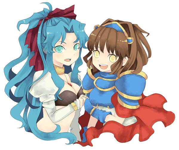 2girls, :d, arle_nadja, armor, bad_id, bad_pixiv_id, bandeau, blue_eyes