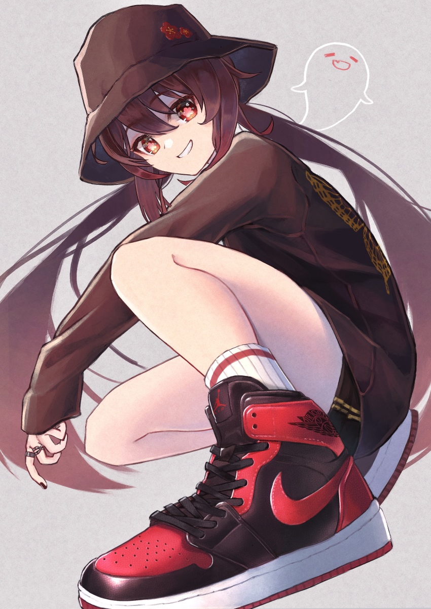 1girl, absurdres, air_jordan, air_jordan_1, black_headwear, black_shorts, brown_hair, casual, fashion, genshin_impact, ghost, high_tops, highres, hu_tao_(genshin_impact), jewelry, long_sleeves, looking_at_viewer, muitarou, nail_polish, nike_(company), red_eyes, ring, shoes, shorts, smile, sneakers, socks, solo, thighs, twintails