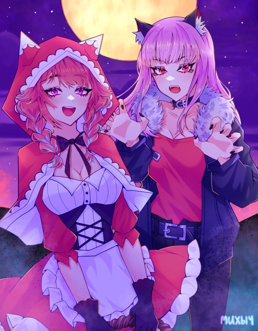 2girls, alternate_costume, animal_costume, animal_ears, basket, big_bad_wolf, big_bad_wolf_(cosplay), breasts, capelet, cleavage, cloak, collarbone, cosplay, dress, earrings, fang, fangs, feather_earrings, feathers, full_moon, gradient_hair, hair_between_eyes, halloween, highres, hololive, hololive_english, hood, hood_up, hooded_capelet, hooded_cloak, jewelry, little_red_riding_hood_(fairy_tale), little_red_riding_hood_(fairy_tale_character), little_red_riding_hood_(fairy_tale_character)_(cosplay), looking_at_viewer, mihych, moon, mori_calliope, multicolored_hair, multiple_girls, nail_polish, picnic_basket, purple_eyes, red_capelet, red_cloak, red_eyes, takanashi_kiara, virtual_youtuber, werewolf, werewolf_costume, wolf, wolf_costume, wolf_ears, yuri