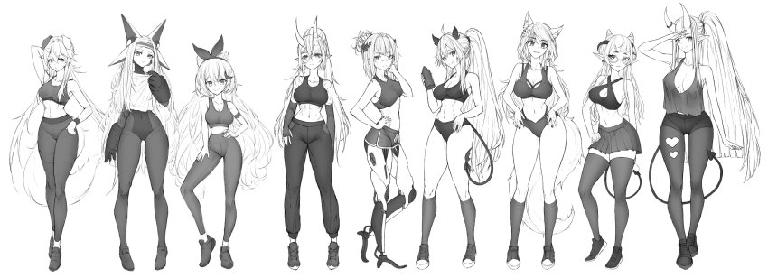 6+girls, absurdres, akumi_(yoclesh), alternate_costume, android, animal_ears, arm_behind_head, armpit_peek, bare_shoulders, bodysuit, bracelet, breasts, captain_hannah, cleavage, clenched_hand, clothing_cutout, collarbone, commentary, demon_tail, dog_ears, dog_girl, dog_tail, dyarikku_(vtuber), english_commentary, fox_ears, fox_girl, greyscale, gym_shorts, hair_behind_ear, hair_horns, hair_ribbon, hand_on_own_hip, hands_on_own_hips, head_tilt, heart_cutout, highres, horn_ornament, horn_ring, horns, indie_virtual_youtuber, jewelry, large_breasts, leggings, long_hair, long_pointy_ears, looking_at_viewer, looking_to_the_side, mechanical_arms, mechanical_legs, medium_breasts, midriff, monochrome, moon_(anntan), multiple_girls, navel, oni_horns, open_hands, open_mouth, pants, pantyhose, plunging_neckline, pointy_ears, ponytail, ribbon, salute, scar, scar_on_arm, scar_on_face, shoes, shorts, silvervale, simple_background, skirt, smile, sneakers, sports_bra, sweatpants, tail, tank_top, the_cecile_(vtuber), thighhighs, vei_(vtuber), very_long_hair, virtual_youtuber, vshojo, white_background, xraydreads, yakitsuki_(vtuber), yoga_pants, yuniiho_(vtuber)