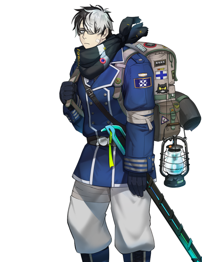 1boy, another_eidos-r, backpack, bag, baggy_pants, bandaged_leg, bandages, bandaid