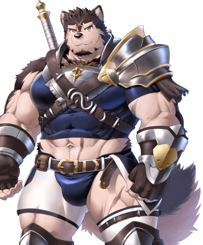 1boy, abs, animal_ears, another_eidos-r, armor, asymmetrical_shorts, asymmetrical_sleeves, bara