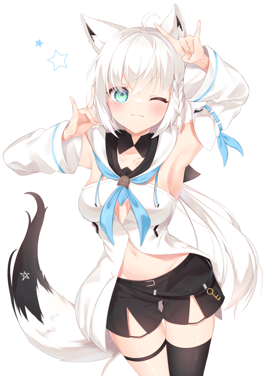 1girl, ;3, absurdres, ahoge, animal_ears, aoitsuki, aqua_eyes, arm_ribbon