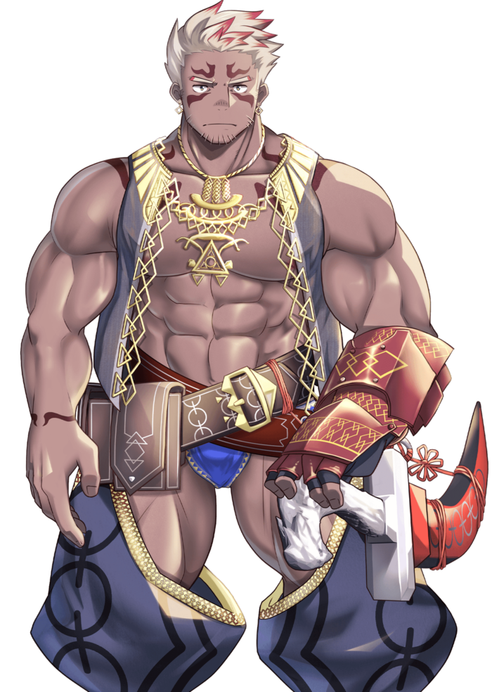 1boy, abashiri_(abasirisippo), abs, another_eidos-r, bara, bare_shoulders, belt, book, brown_belt, bulge, clothing_cutout, crotchless, crotchless_pants, dark-skinned_male, dark_skin, earrings, facial_hair, facial_mark, feet_out_of_frame, grimoire, jewelry, large_pectorals, light_brown_hair, looking_at_viewer, male_focus, mature_male, multicolored_hair, muscular, muscular_legs, muscular_male, necklace, official_art, pants, pectoral_cleavage, pectorals, red_hair, sheals_(another_eidos), sheath, sheathed, short_hair, sideburns, sleeveless, sleeveless_jacket, solo, stomach, streaked_hair, stubble, thigh_cutout, thighs, transparent_background