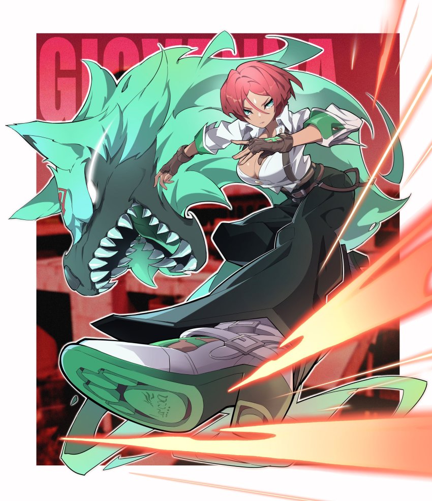 1girl, 1other, absurdres, arc_system_works, belt, blue_eyes, breasts, brown_gloves