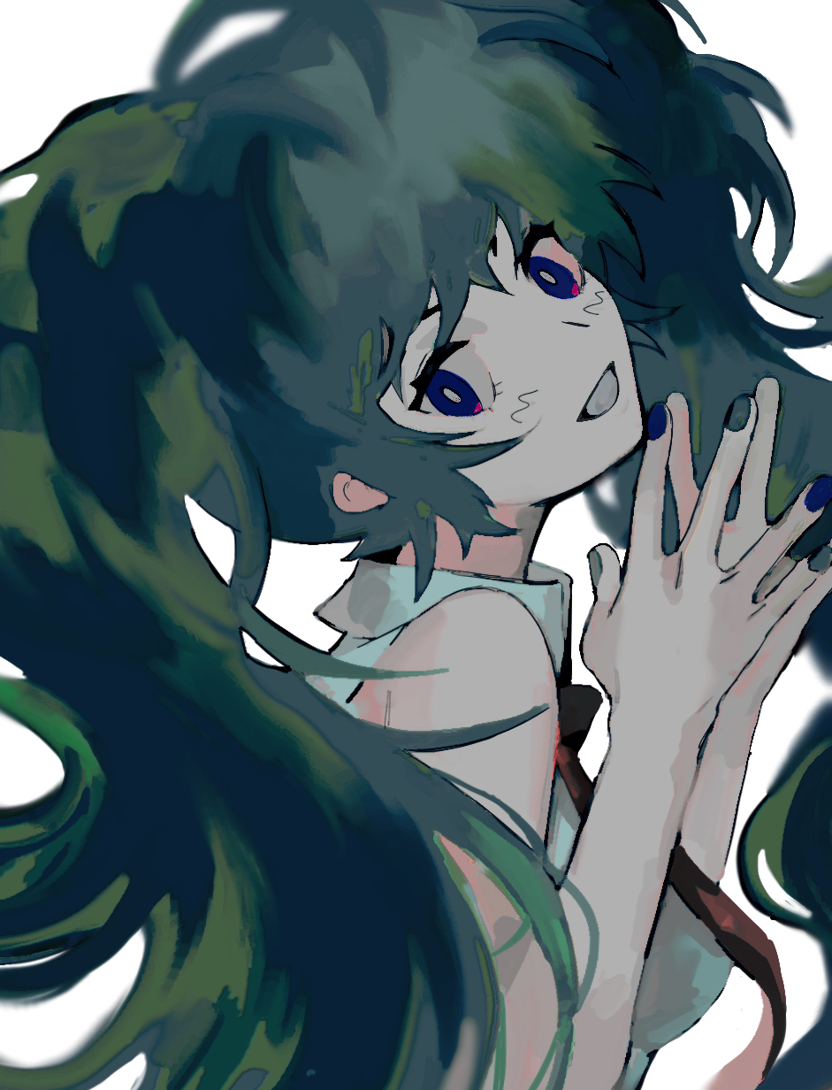 1girl, bad_id, bad_pixiv_id, blue_nails, collared_shirt, commentary_request, from_side, green_hair