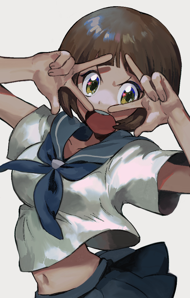 1girl, bad_id, bad_pixiv_id, blue_neckerchief, blue_sailor_collar, blue_skirt, brown_eyes, brown_hair, commentary_request, double_w, grey_background, hands_up, kill_la_kill, looking_at_viewer, mankanshoku_mako, midriff, neckerchief, open_mouth, partial_commentary, pleated_skirt, sailor_collar, school_uniform, serafuku, shirt, short_hair, short_sleeves, simple_background, skirt, solo, teeth, teigaso1, upper_body, upper_teeth_only, v, v_over_eye, w, white_shirt