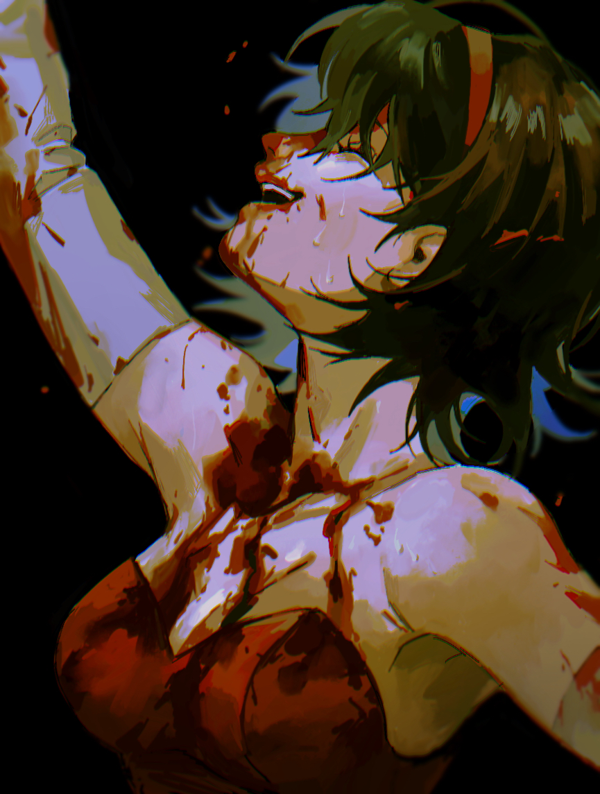 1girl, bad_id, bad_pixiv_id, bare_shoulders, black_background, blood, blood_on_arm, blood_on_chest, blood_on_clothes, blood_on_face, brown_hair, closed_eyes, collarbone, commentary, dress, elbow_gloves, gloves, hairband, kirigoe_mima, open_mouth, perfect_blue, red_dress, red_hairband, short_hair, simple_background, smile, solo, tears, teeth, teigaso1, upper_body, upper_teeth_only, white_gloves