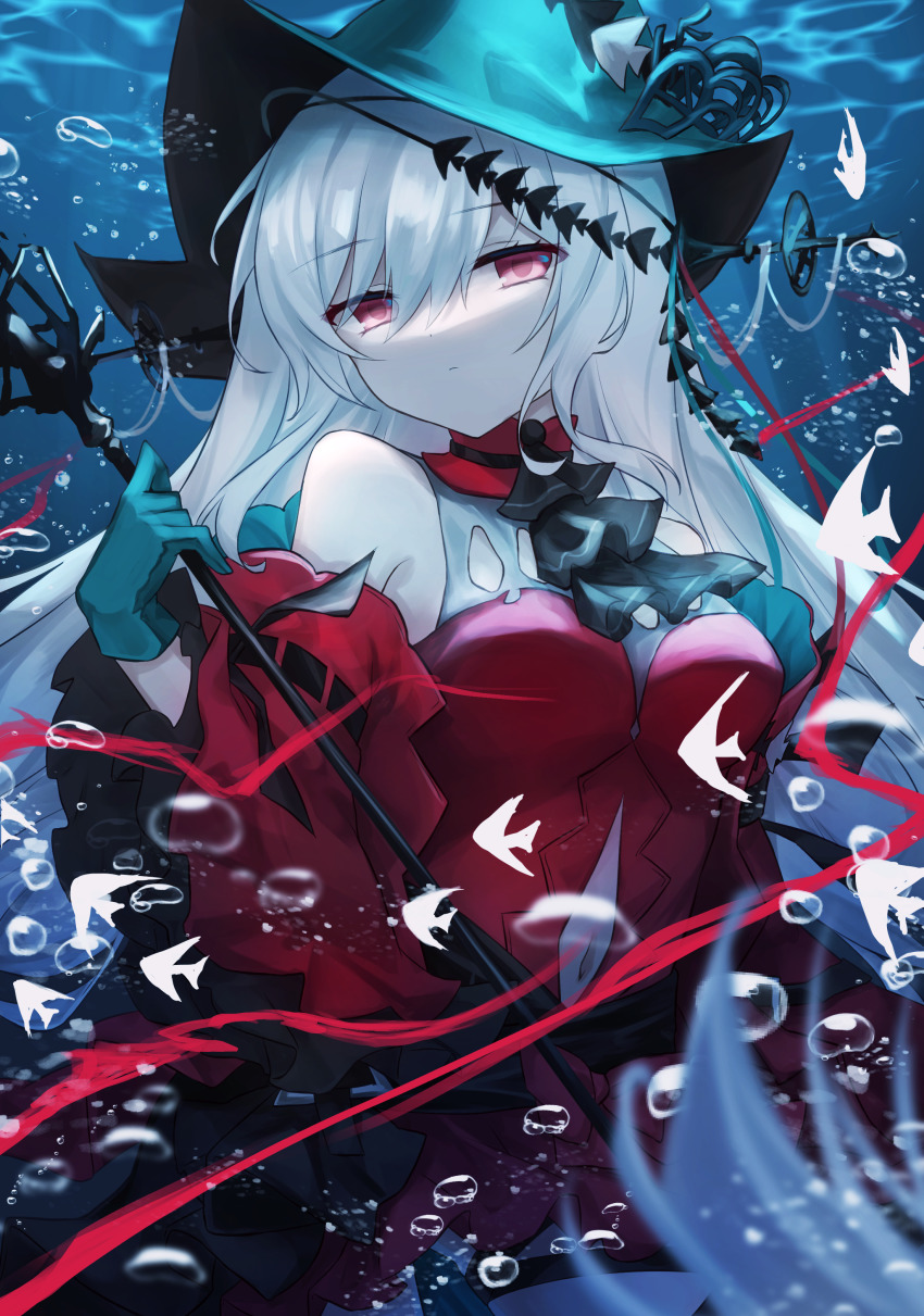 1girl, absurdres, air_bubble, aqua_gloves, aqua_hat, arknights, ascot, bare_shoulders