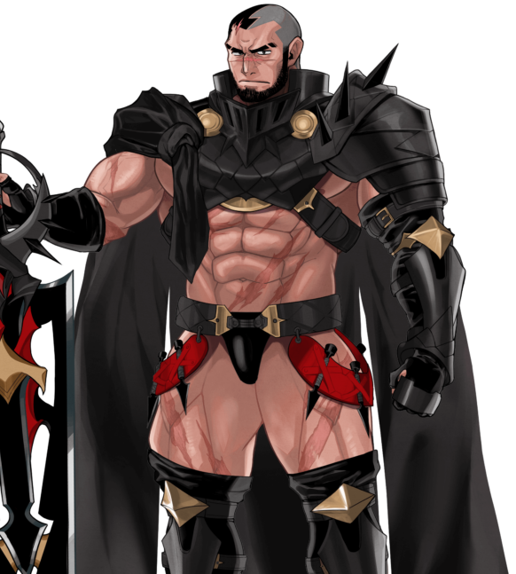 1boy, absol_(dkqthf), another_eidos-r, armor, asymmetrical_hair, bara, beard, black_cape, black_hair, boots, briefs, bulge, cape, eyebrow_cut, facial_hair, feet_out_of_frame, frown, hellion_(another_eidos), kunai, large_pectorals, looking_at_viewer, male_focus, male_underwear, mature_male, muscular, muscular_legs, muscular_male, navel, nipple_slip, nipples, official_art, pauldrons, pectorals, planted, planted_sword, planted_weapon, revealing_clothes, scar, scar_on_chest, short_hair, shoulder_armor, shoulder_spikes, sidecut, sidepec, single_pauldron, solo, spikes, sword, thigh_boots, thighhighs, thighs, transparent_background, undercut, underwear, weapon