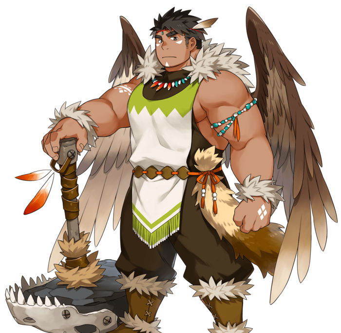 1boy, animal_skull, another_eidos-r, baggy_pants, bara, black_hair, brown_wings, dark-skinned_male, dark_skin, facial_mark, feather_hair_ornament, feather_necklace, feathered_wings, feathers, feet_out_of_frame, fur_collar, hair_ornament, kuro_nezumi_inu, large_pectorals, long_sideburns, looking_at_viewer, male_focus, muscular, muscular_male, native_american, official_art, pants, pectorals, pelvic_curtain, planted, short_hair, siddeley_(another_eidos), sideburns, sleeveless, solo, thick_eyebrows, transparent_background, wings