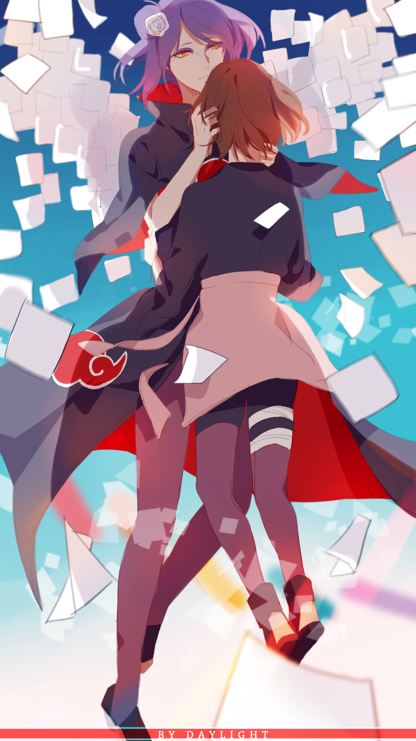 2girls, absurdres, akatsuki_(naruto), blue_hair, brown_hair, daylight919, flower, hair_flower