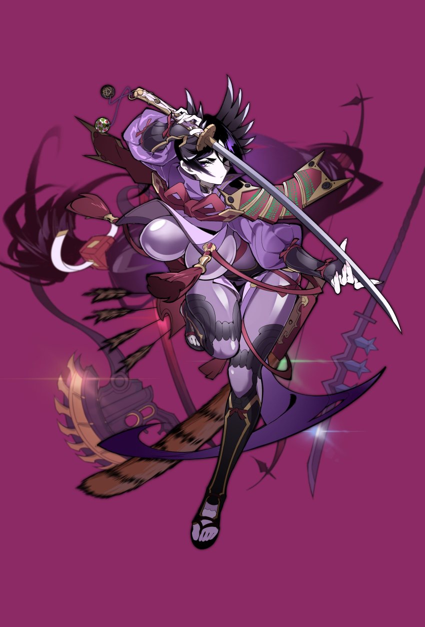 1girl, absurdres, armor, axe, black_gloves, bodysuit, bow_(weapon), breasts