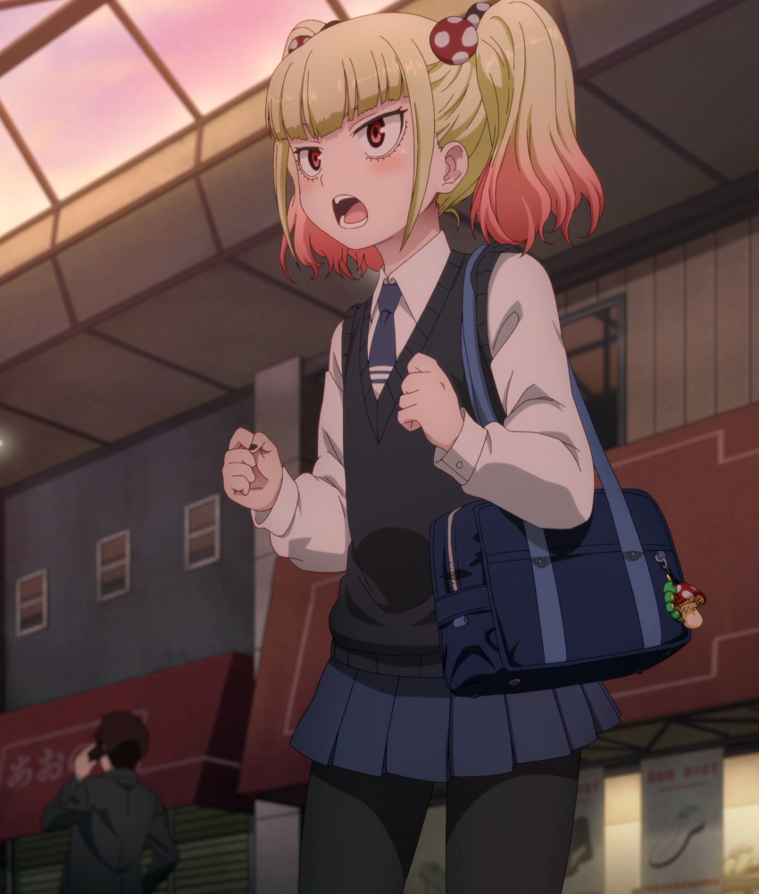 1boy, 1girl, anime_screenshot, bag, black_pantyhose, black_vest, blonde_hair, blue_neckwear