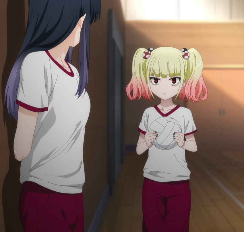 2girls, anime_screenshot, ball, black_hair, blonde_hair, breasts, collarbone, food-themed_hair_ornament