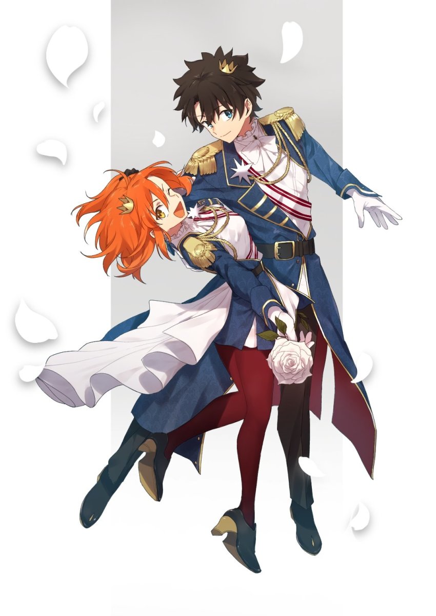 1boy, 1girl, aiguillette, alternate_costume, belt, belt_buckle, black_belt, black_footwear