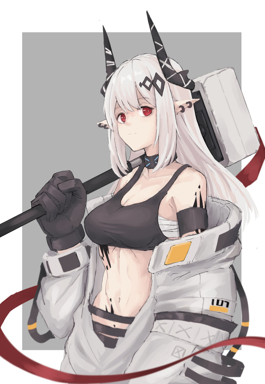 1girl, absurdres, arknights, armband, bandages, bare_shoulders, black_choker, black_gloves, breasts, chest_sarashi, choker, cleavage, commentary, crop_top, gloves, hammer, hand_up, highres, holding, holding_hammer, holding_weapon, horns, infection_monitor_(arknights), large_breasts, long_hair, looking_at_viewer, material_growth, midriff, mudrock_(arknights), mudrock_(elite_ii)_(arknights), n.e., navel, off_shoulder, oripathy_lesion_(arknights), over_shoulder, pointy_ears, red_eyes, sarashi, silver_hair, solo, sports_bra, stomach, upper_body, weapon, weapon_over_shoulder