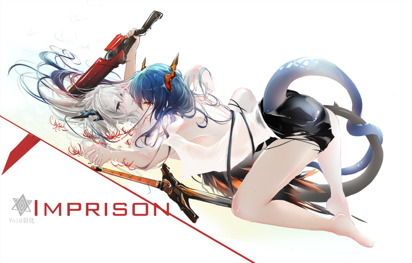 2girls, absurdres, arknights, ass, bare_legs, bare_shoulders, barefoot, biting, black_shorts, blue_hair, ch'en_(arknights), chi_xiao_(arknights), commentary_request, dragon_horns, dragon_tail, grey_eyes, highres, holding_hands, horns, incest, long_hair, multiple_girls, neck_biting, off_shoulder, parted_lips, red_eyes, short_shorts, shorts, siblings, silver_hair, sisters, smile, sword, tail, tail_wrap, talulah_(arknights), thighs, top-down_bottom-up, viod_yuhua, weapon, yuri