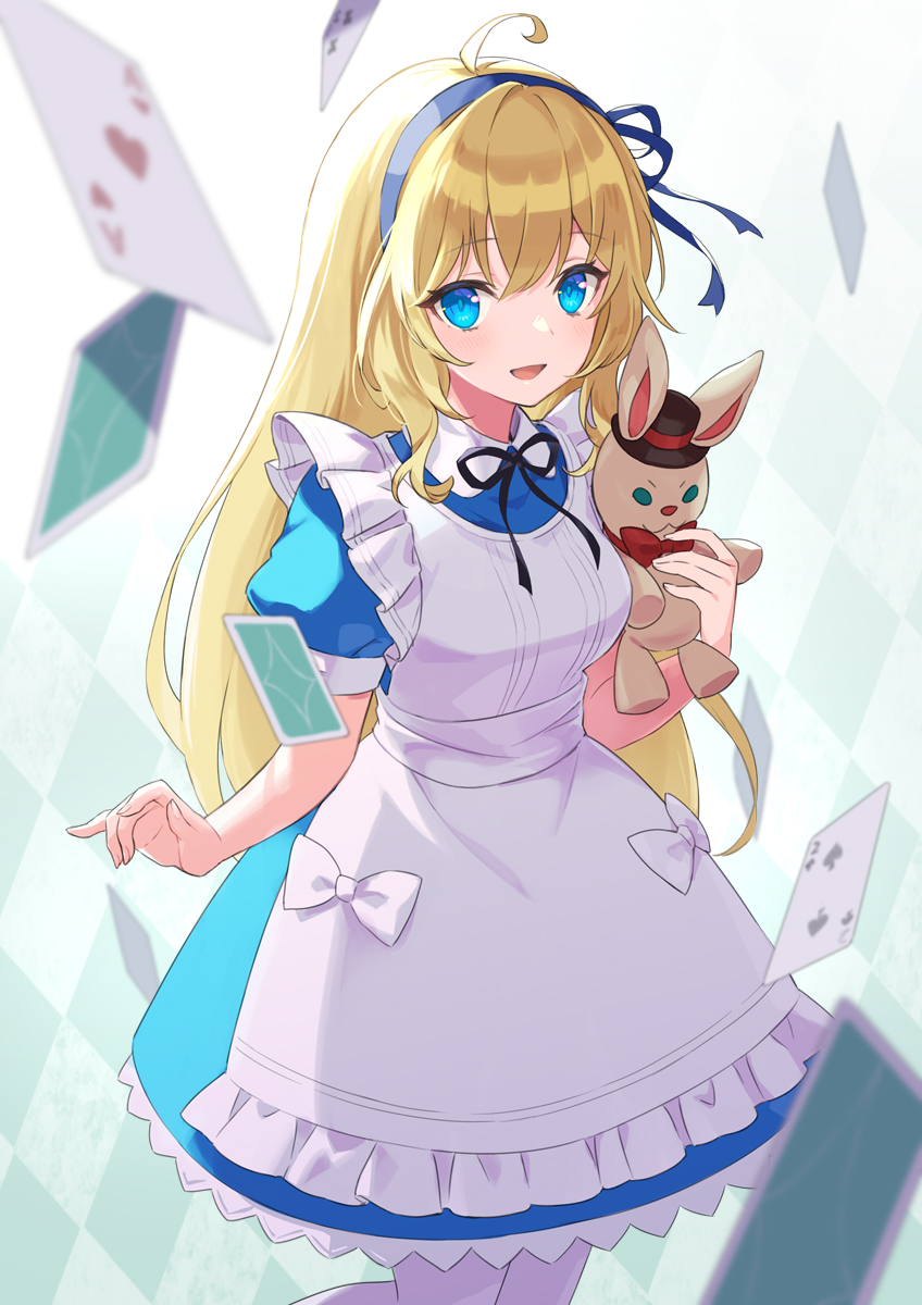 ahoge, alice's_adventures_in_wonderland, ame8desu, apron, black_ribbon, blue_dress, blue_eyes, blue_hairband