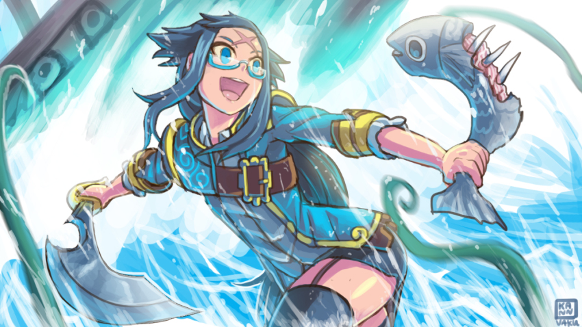 1girl, :d, blue_boots, blue_eyes, blue_hair, blue_jacket, blue_shorts, boots, cutlass, dota_(series), dota_2, fish, food, forehead, genderswap, genderswap_(mtf), glasses, holding, holding_food, holding_sword, holding_weapon, jacket, kunkka_(dota_2), medium_hair, open_mouth, outdoors, scar, scar_on_face, shorts, smile, solo, sword, thigh_boots, thighhighs, three-quarter_sleeves, ukavonnak, water, weapon