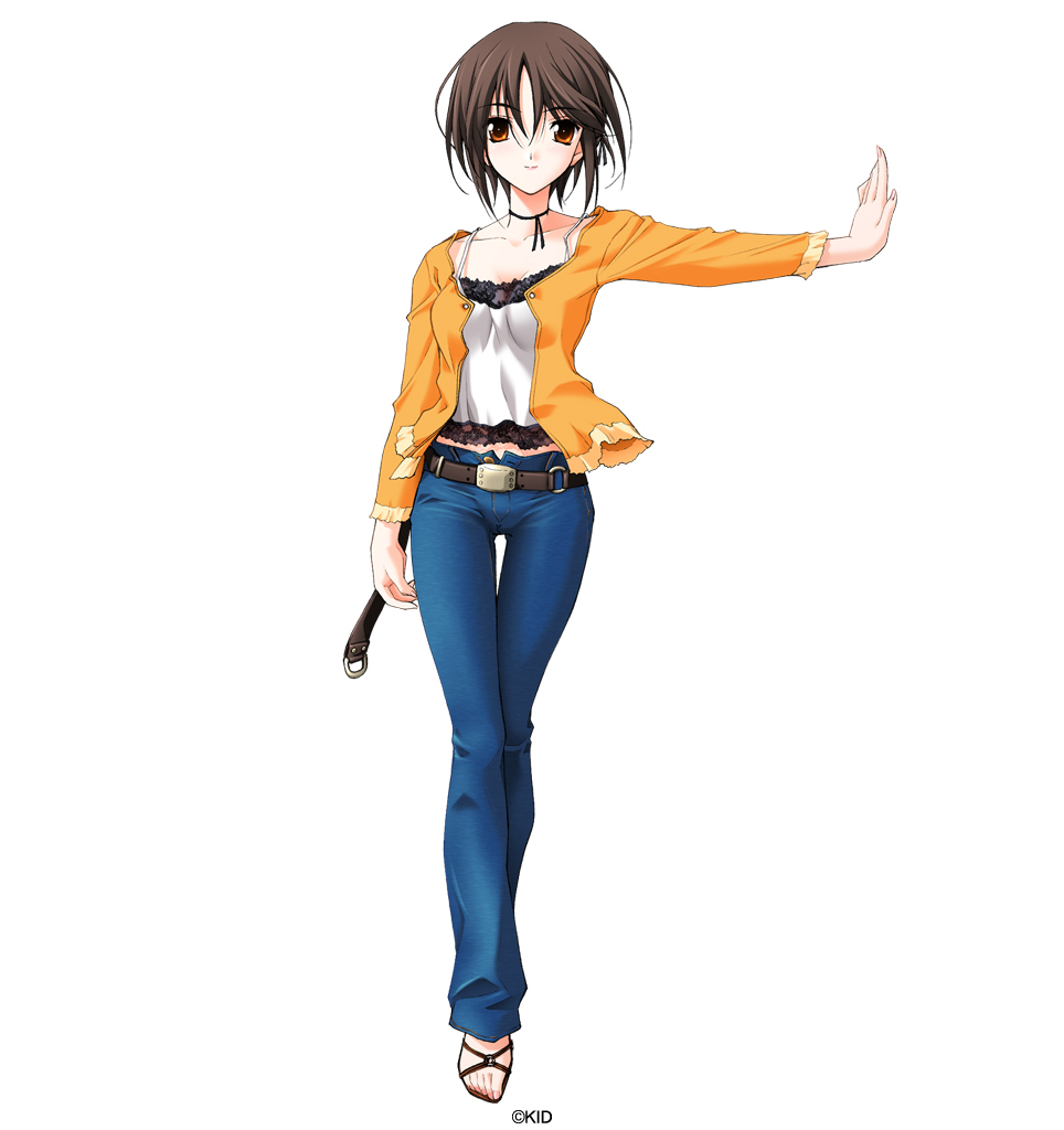 1girl, against_wall, belt, brown_hair, camisole, choker, denim, feet, female_focus, jeans, lace, memories_off, memories_off#5, midriff, open_clothes, open_shirt, orange_eyes, pants, sandals, sendou_mahiro, sendou_mahiru, shirt, short_hair, simple_background, smile, solo, thigh_gap, thighs