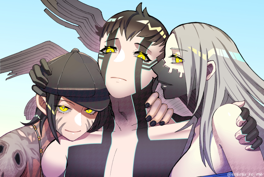 1girl, 2boys, black_hair, brown_hair, demi-fiend, full-body_tattoo, highres, hug