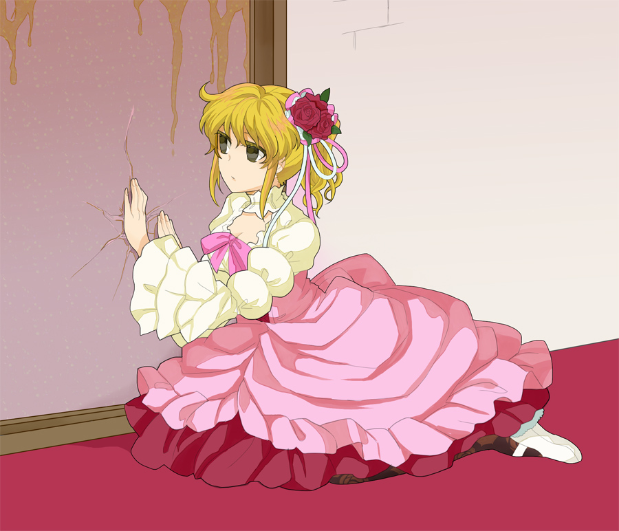 1girl, bad_id, bad_pixiv_id, blonde_hair, bow, breasts, cleavage, cosplay, dress, female_focus, flower, frills, furudo_erika, furudo_erika_(cosplay), hair_ornament, large_breasts, pantyhose, pink_bow, ribbon, solo, tiihatanono, umineko_no_naku_koro_ni, ushiromiya_jessica