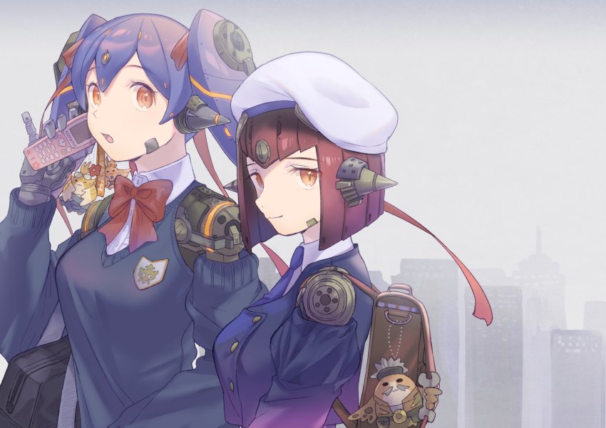 2girls, alternate_costume, android, backpack, bag, bag_charm, black_hair, breasts, cellphone, charm_(object), contemporary, detached_sleeves, fujie-yz, highres, joints, lila_(xenoblade), long_hair, looking_at_viewer, medium_breasts, multiple_girls, nopon, phone, poppi_(xenoblade), poppi_qt_(xenoblade), riki, robot_ears, robot_joints, school_uniform, short_hair, simple_background, smile, tatazo_(xenoblade), tora_(xenoblade_2), upper_body, xenoblade_chronicles_(series), xenoblade_chronicles_2