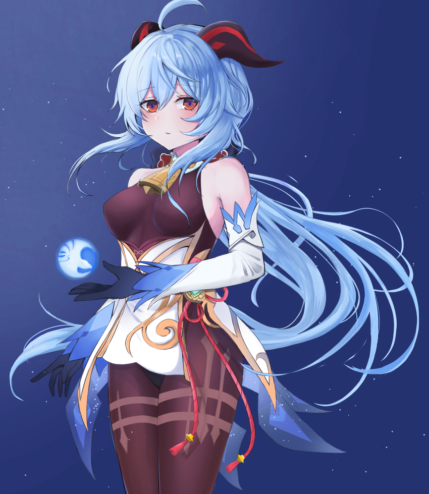 absurdres, ahoge, bare_shoulders, bell, black_gloves, black_legwear, blue_hair, blush