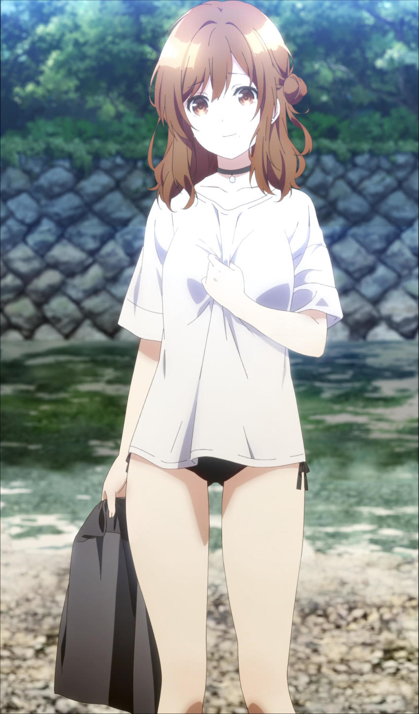 1girl, absurdres, anime_screenshot, brown_eyes, brown_hair, choker, highres, izumi_yuzu, jaku-chara_tomozaki-kun, looking_at_viewer, medium_hair, river, stitched, swimsuit, swimsuit_under_clothes, thigh_gap, third-party_edit