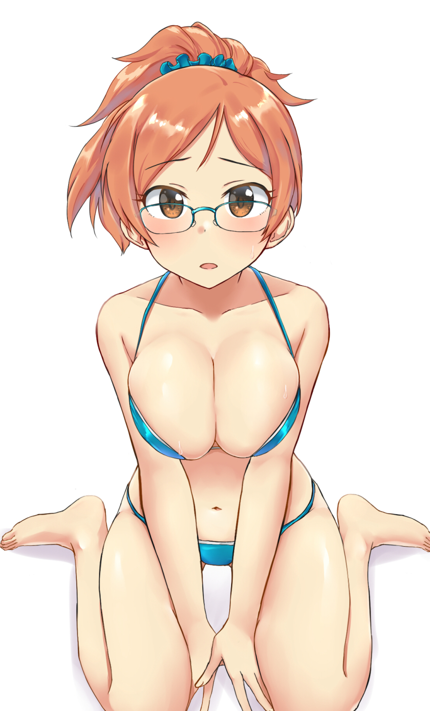 1girl, aimobake, barefoot, bikini, blue_bikini, blue_scrunchie, blush, breasts