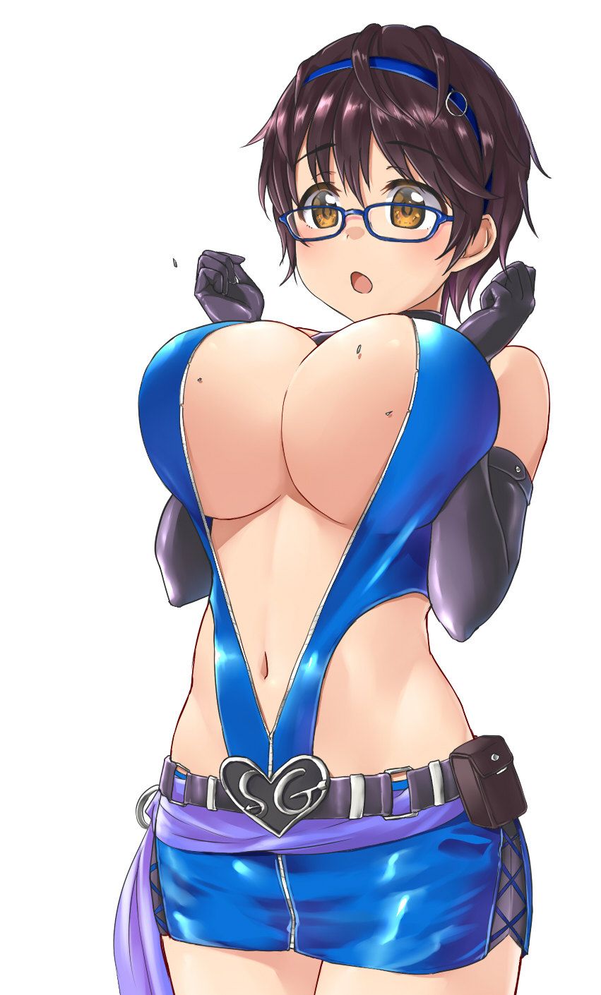 1girl, aimobake, belt, bespectacled, black_belt, black_gloves, blue-framed_eyewear, blue_hairband