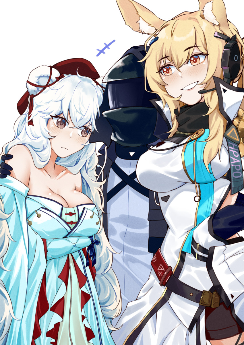 1other, 2girls, ambiguous_gender, animal_ears, arknights, bear_ears, bear_girl, blonde_hair