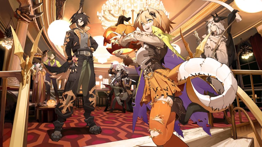 3boys, 5girls, absurdres, alchemy_stars, animal_feet, arms_up, belt, bird