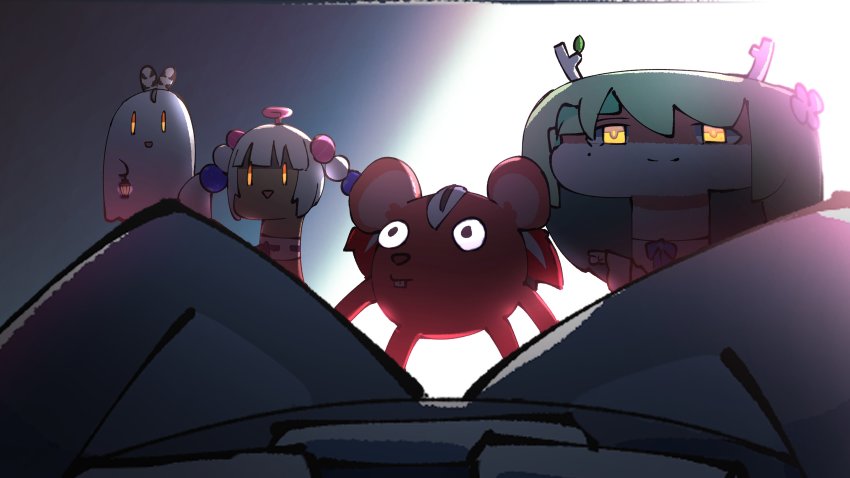 :d, absurdres, boomei_(nanashi_mumei), buck_teeth, ceres_fauna, ghost, giraffe_fauna, green_hair